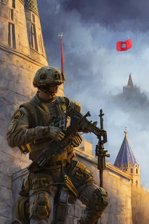 Image similar to special forces soldier raising ukrainian blue and yellow flag, kremlin st. basil cathedral in the background, masculine figure, d & d, fantasy, bright atmosphere, volumetric lights, intricate, elegant, extremely detailed, digital painting, artstation, concept art, matte, smooth, sharp focus, hyper realistic, illustration, art by artgerm and greg rutkowski and alphonse mucha