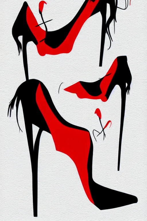 Image similar to black high heels with red bottoms, illustration, graphic design, high fashion, wall art, elegant, pop art style,