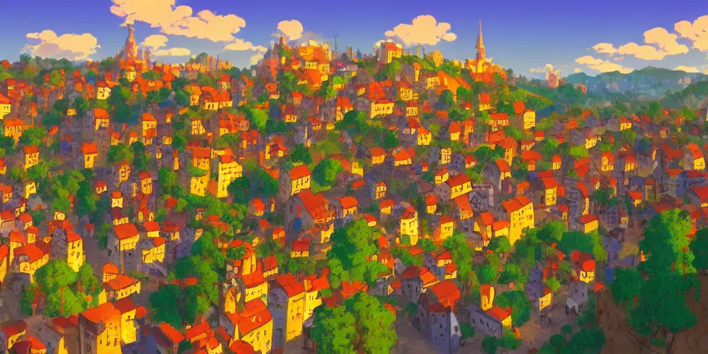 Prompt: landscape screenshot of a colorful medieval town from Hayao Miyazaki (Studio Ghibli), golden hour