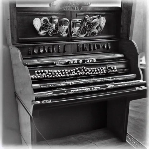 Image similar to steampunk organ, black and white film,