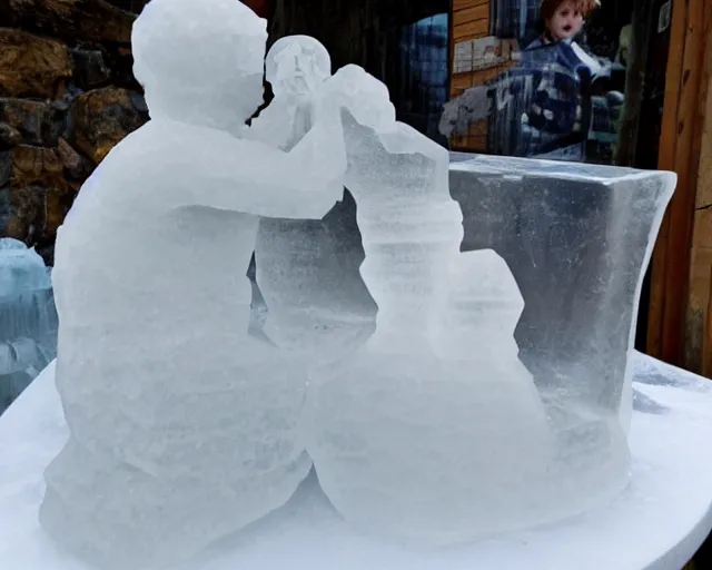 Image similar to ice sculpture. there is a little blonde boy trapped in the figurine made of ice. antartica