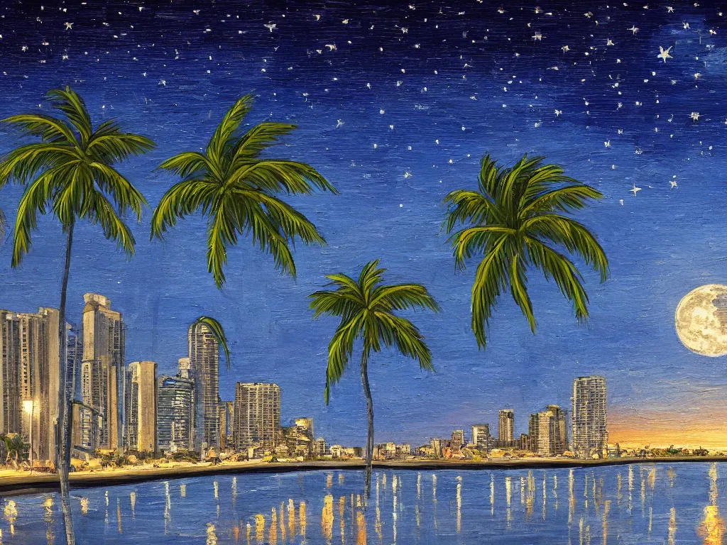 Image similar to night on a summer miami beach, city on the background, palm trees, footprints in the sand, full moon reflected in the calm ocean, starry sky 8 k, ultra detailed, trending on artstation, digital painting