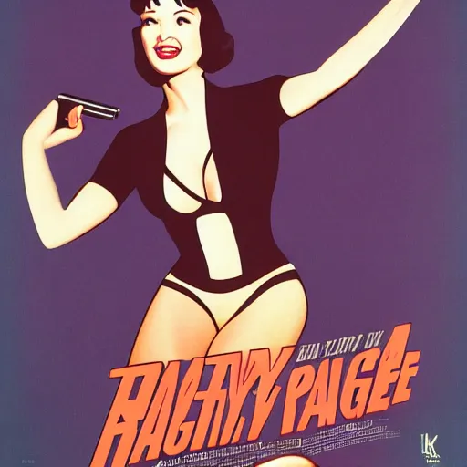 Image similar to betty page fully clothed in a suit holding a handgun, movie poster by kyle lambert