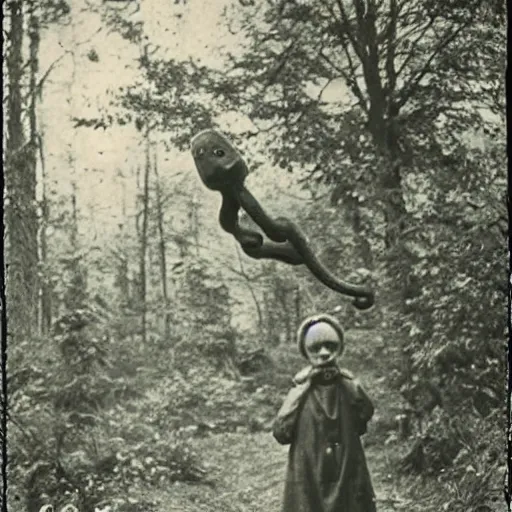 Prompt: hand-like creature in the woods, 1900s picture