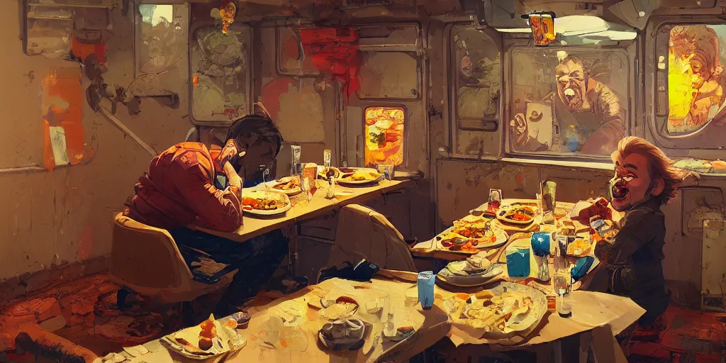 Image similar to cartoonish van morrison eating dinner, vivid colors, character sheet, fine details, concept design, contrast, kim jung gi, greg rutkowski, enki bilal, trending on artstation, 8 k, full body, turnaround, front view, back view, ultra wide angle