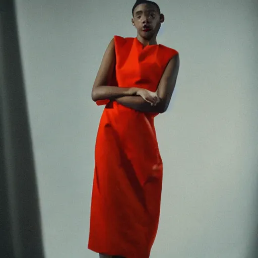 Image similar to realistic! photoshoot for a new balenciaga lookbook, color film photography, portrait of a beautiful woman wearing a bauhaus dress, photo in style of tyler mitchell, 35mm lens