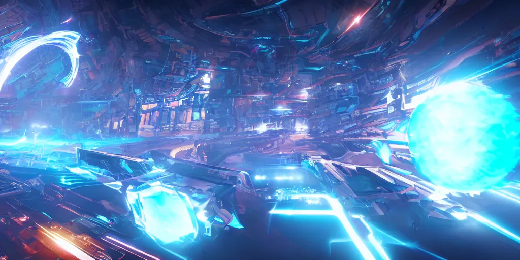 Image similar to screenshot of the videogame tempest, vector, axure sky, neon glow, lens flare, 8 k, unreal engine