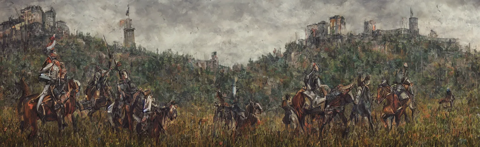 Prompt: horseback knights at scenic overlook; cloudy, grey skies, walled fort city deteriorating office buildings in background on hill; forest; la Bastille, post apocalyptic, grungy; oil on canvas, colorful, artstation