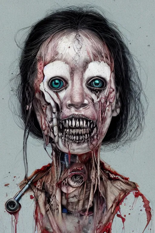 Image similar to watercolor cartoon grunge portrait of a creepy horror nurse girl . intricate abstract. intricate artwork. nightmare fuel. terrifying. by zdzisław Beksiński, wlop, dan mumford , trending on artstation, greg rutkowski very coherent symmetrical artwork. cinematic, hyper realism, high detail, octane render, 8k