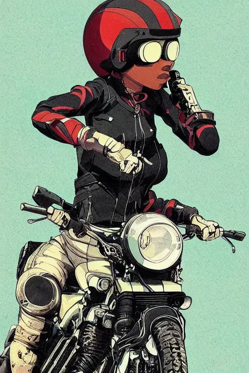 Image similar to black woman with goggles riding motorbike, ilya kuvshinov, jamie hewlett, yoji shinkawa, muted colors, beautiful detailed illustration, 17th century oil painting, flat colors, studio ghibli, cel shading,