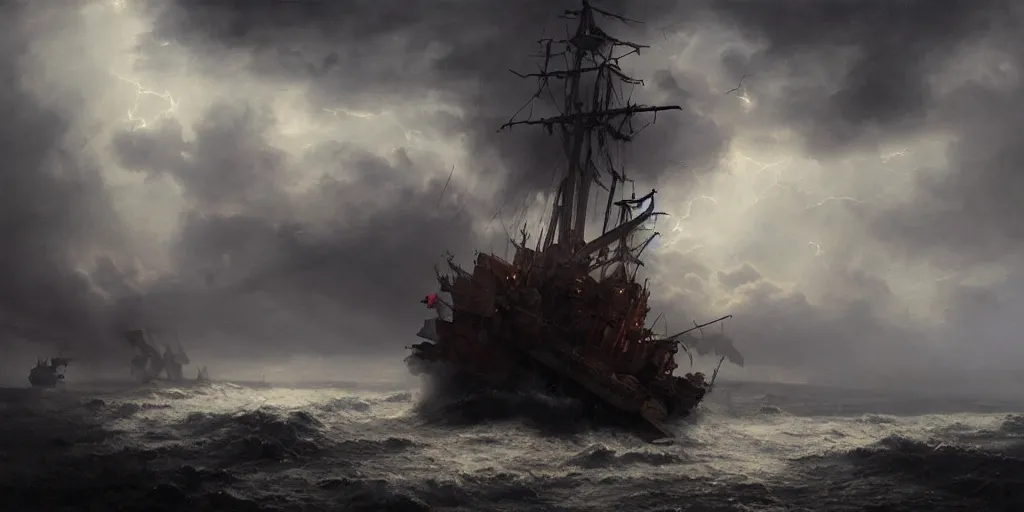 Prompt: A hyper realistic oil painting of a single pirate ship in a storm, dark clouds above, fog, lightning lights the sky, by Greg Rutkowski, hyper detailed, trending on artstation