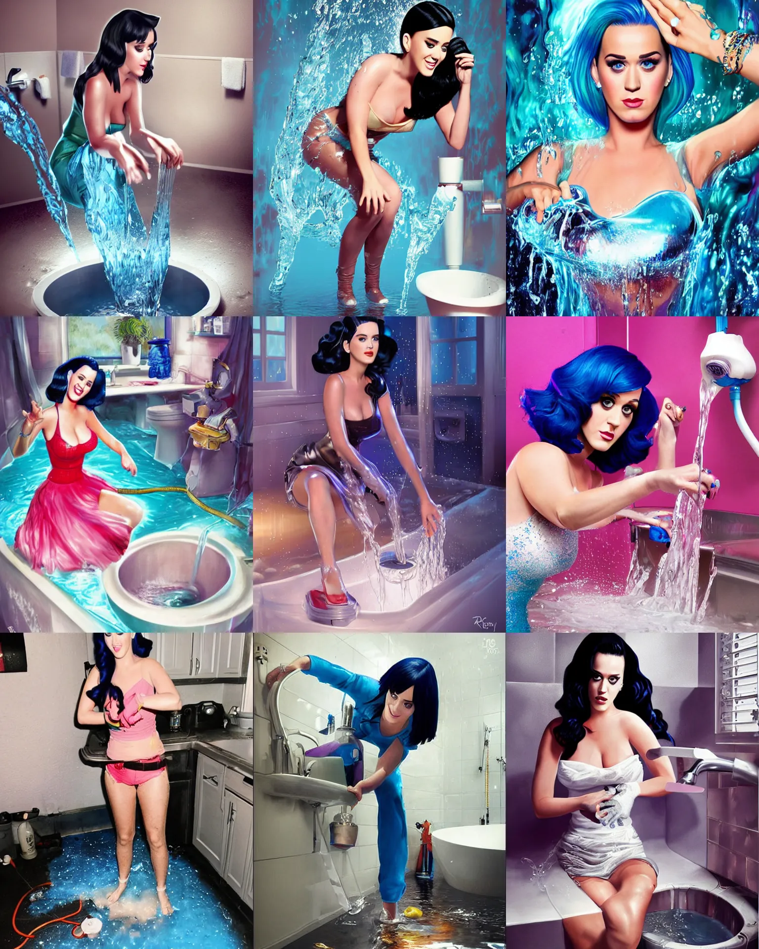 Prompt: katy perry fixing a leaking sink, puddle of water on the floor, by ross tran