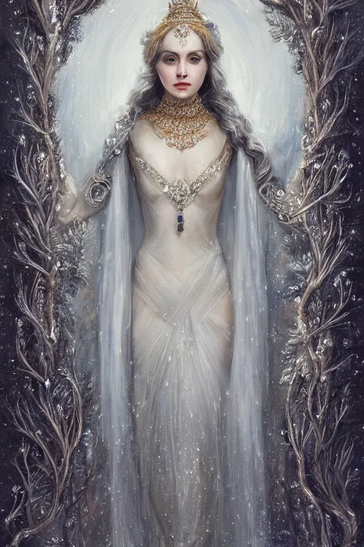 Image similar to full - body - portrait of a beautiful stunning peaceful majestic ice queen wearing intricate jewelry, oil on canvas, baroque style, perfect symmetrical face, mood lighting, ornate and elegant, winter, philosophical, dreamlike, ethereal, painterly, 🌚, digital art, detailed, trending on artstation