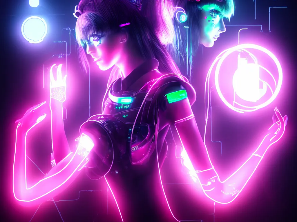 Prompt: a portrait of the neon cyberpunk sailor moon with arm tattoos, single person, dystopian scifi gear, gloomy, profile picture,