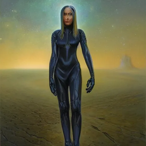 Image similar to pleiadian woman with big eyes and long silver hair wearing a dark body suit and holding a plasma gun as a realistic sci fi character, portrait art by donato giancola and greg rutkowski, digital art, trending on artstation, standing in a barren field