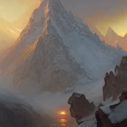 Prompt: Concept art, Snow mountains at dusk, 8k, alphonse mucha, james gurney, greg rutkowski, john howe, artstation