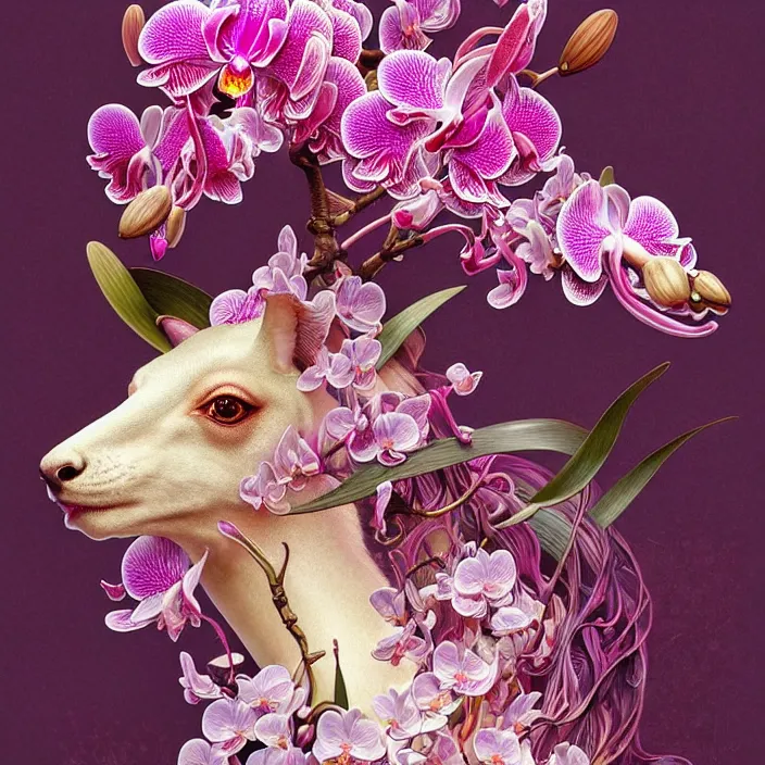 Prompt: psychedelic animal made of orchid and cherry blossom tree, diffuse lighting, fantasy, intricate, elegant, highly detailed, lifelike, photorealistic, digital painting, artstation, illustration, concept art, smooth, sharp focus, art by John Collier and Albert Aublet and Krenz Cushart and Artem Demura and Alphonse Mucha and Giuseppe Arcimboldo