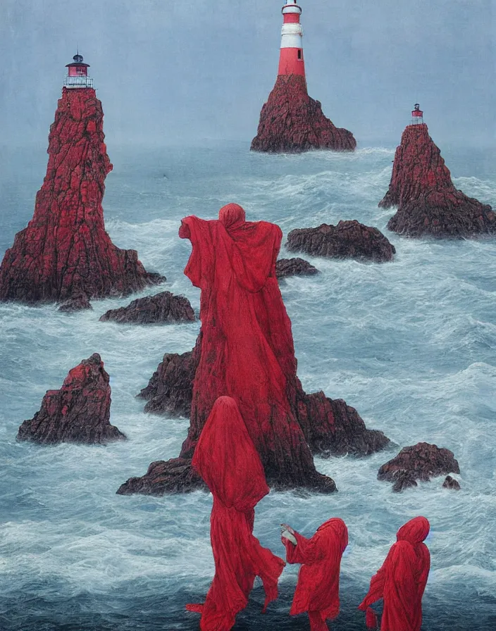 Image similar to worshippers in red robes belonging to the cult of the lighthouse clambering out of the water onto the rocky shore at the base of the light house, base of the light house, high detailed beksinski painting, part by adrian ghenie and gerhard richter. art by takato yamamoto. masterpiece, deep colours, blue