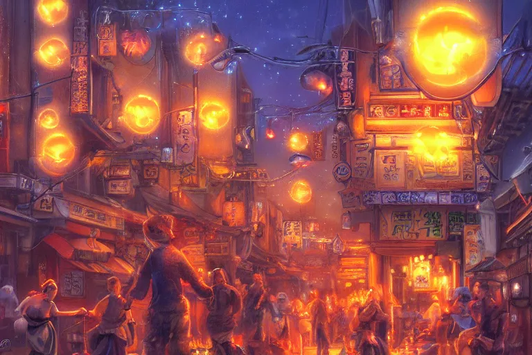 Prompt: fantasy art of glowing goldfish swimming in the air, in the streets of a japanese town at night, with people watching in wonder, by ralph horsley, highly detailed digital art, trending on artstation
