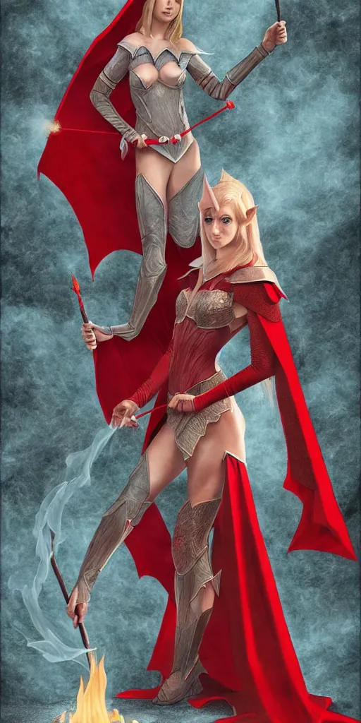 Prompt: a realistic fantasy full body illustration of a female elf mage in a scale mail and a red cape casting a fire spell in a shape of a dragon