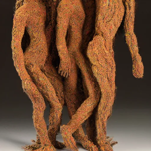 Image similar to dmt bodies. Mesh of human figures intertwined. earthen colors. The medium of this sculpture is human hair. A mess of human hair. Matted hair woven dreadlock sculpture. Tangled splitend hair. barbershop floor. Sculpted by August Rodine.