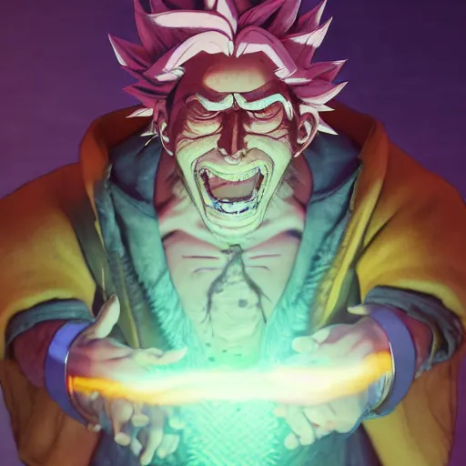 Image similar to rick sanchez going super sayain, au naturel, hyper detailed, digital art, trending in artstation, cinematic lighting, studio quality, smooth render, unreal engine 5 rendered, octane rendered, art style by klimt and nixeu and ian sprigger and wlop and krenz cushart