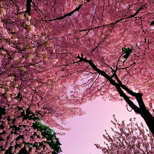 Prompt: a realistic photograph of a giant blossoming cherry tree in a field of pink flowers and roses, peach skies overhead