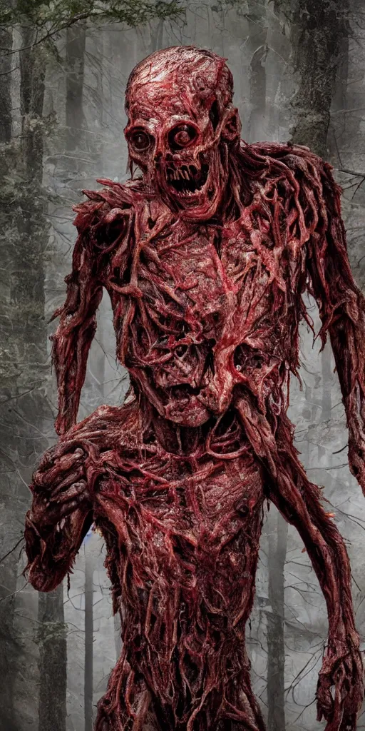 Prompt: photorealistic ultra detailed humanoid creature made of decomposed bloody flesh and bones, the woods, night, extremly detailed, 8 k, realistic, sharp focus, cosmic horror creature, cosmic horror, from the movie the thing, mysterious creature, bloody eyes