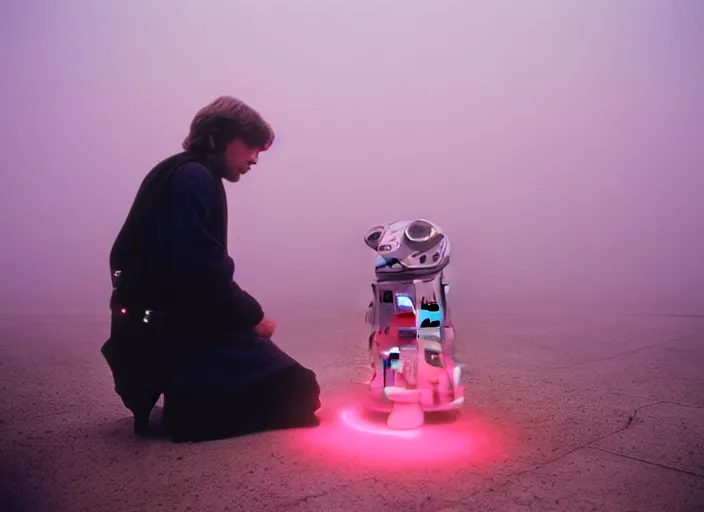 Image similar to Luke skywalker kneels before a star wars alien creature, the oracle, mystic. in a foggy pink land. 1983 Photographed with Leica Summilux-M 24 mm lens, ISO 100, f/8, Portra 400