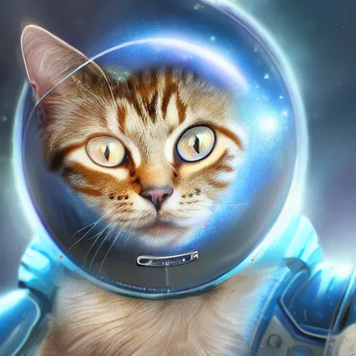 Prompt: A cat with beautiful blue eyes in a space suit jumping over the Saturn planet, digital illustration, concept art, 8k, trending on artstation, highly detailed