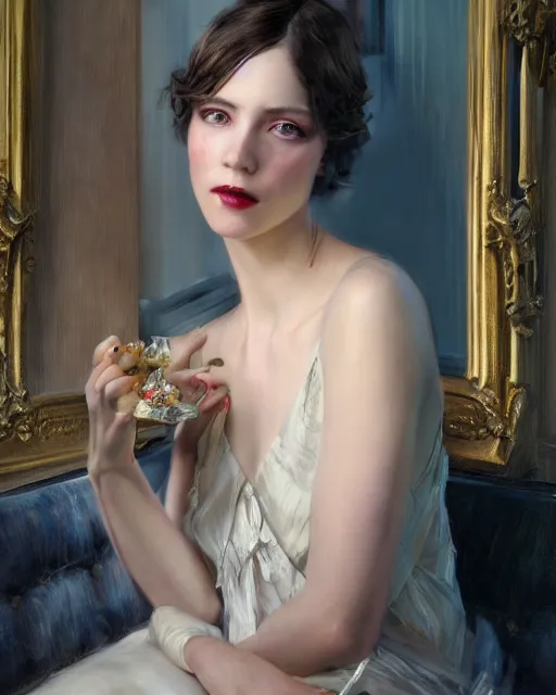 Image similar to daniel gerhartz and artgerm portrait digital painting of a 1 9 2 0 s beautiful woman at a party in a mansion, mansion interior in the background, unreal engine, hyper realism, realistic shading, cinematic composition, realistic render, octane render, detailed textures, photorealistic, ultrawide shot, 3 5 mm film