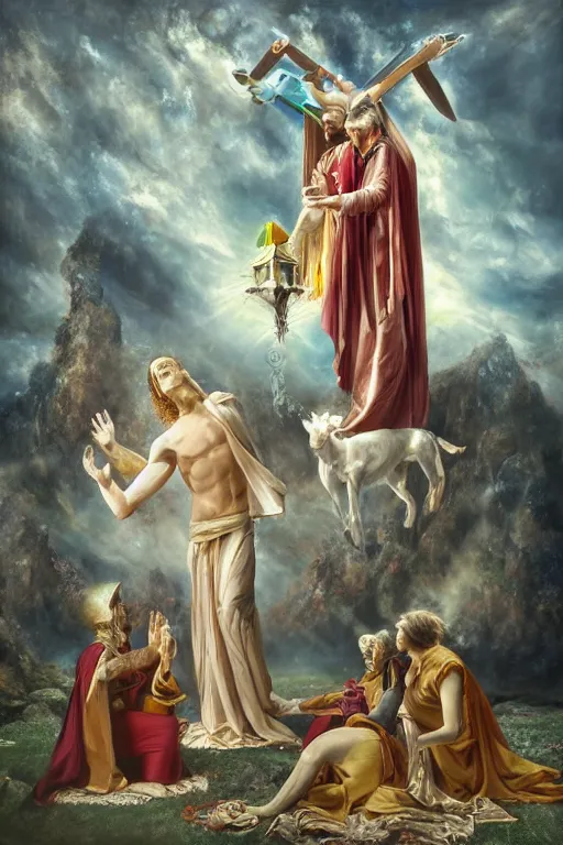 Prompt: transcendental adoration of the magi, stigmata, occult symbolism epic surrealism 8k oil painting, portrait, perspective, high definition, post modernist layering, by Peter Kemp