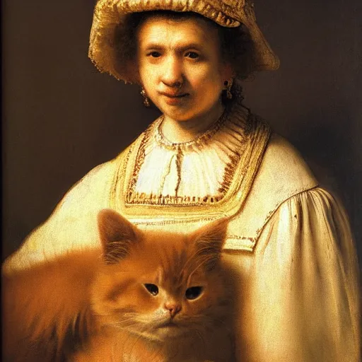 Prompt: a rembrandt portrait of a young woman wearing an apron holding a large fluffy cat, detailed