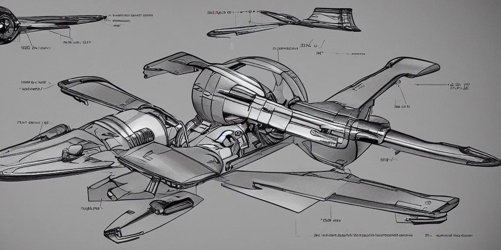 Prompt: highly detailed schematic, technical drawing, side view, sci-fi hover racer designs, pod racer designs