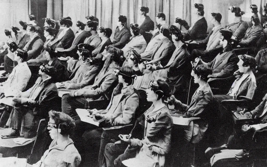 Image similar to 1 9 0 0 s photo of people using iphones ipods virtual reality headsets vr in a movie theater