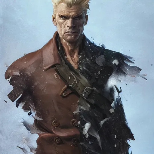 Prompt: portrait of a muscular, grim, ponytail haired blonde man in his late 30's, wearing a thick brown leather coat, looking to his side, scarred face, blue eyes, hunter, DnD character, fantasy character, dramatic lighting, digital art by Ruan Jia, Krenz Cushart, Rossdraws and Boris Vallejo