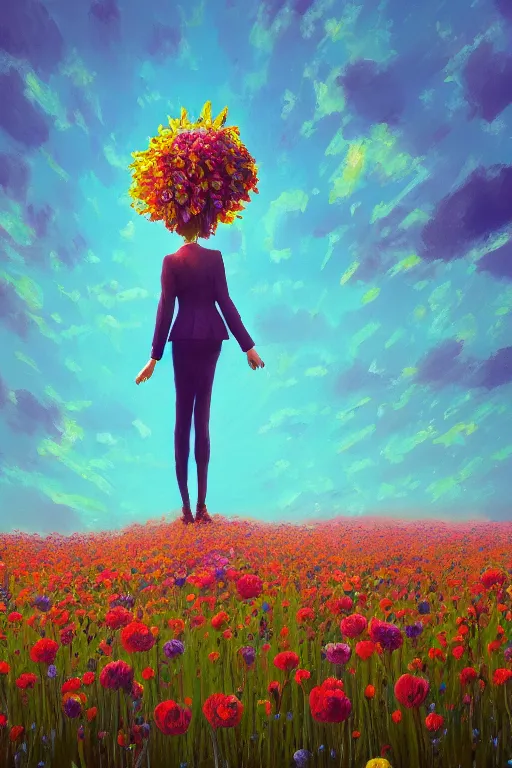 Image similar to closeup, giant flower head, girl in suit standing in a field of flowers, surreal photography, sunrise, blue sky, dramatic light, impressionist painting, digital painting, artstation, simon stalenhag