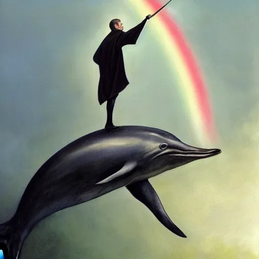 Image similar to a hyper realistic painting of the grim reaper standing on the back of a dolphin that is jumping over a rainbow, by james c christensen and santiago caruso,