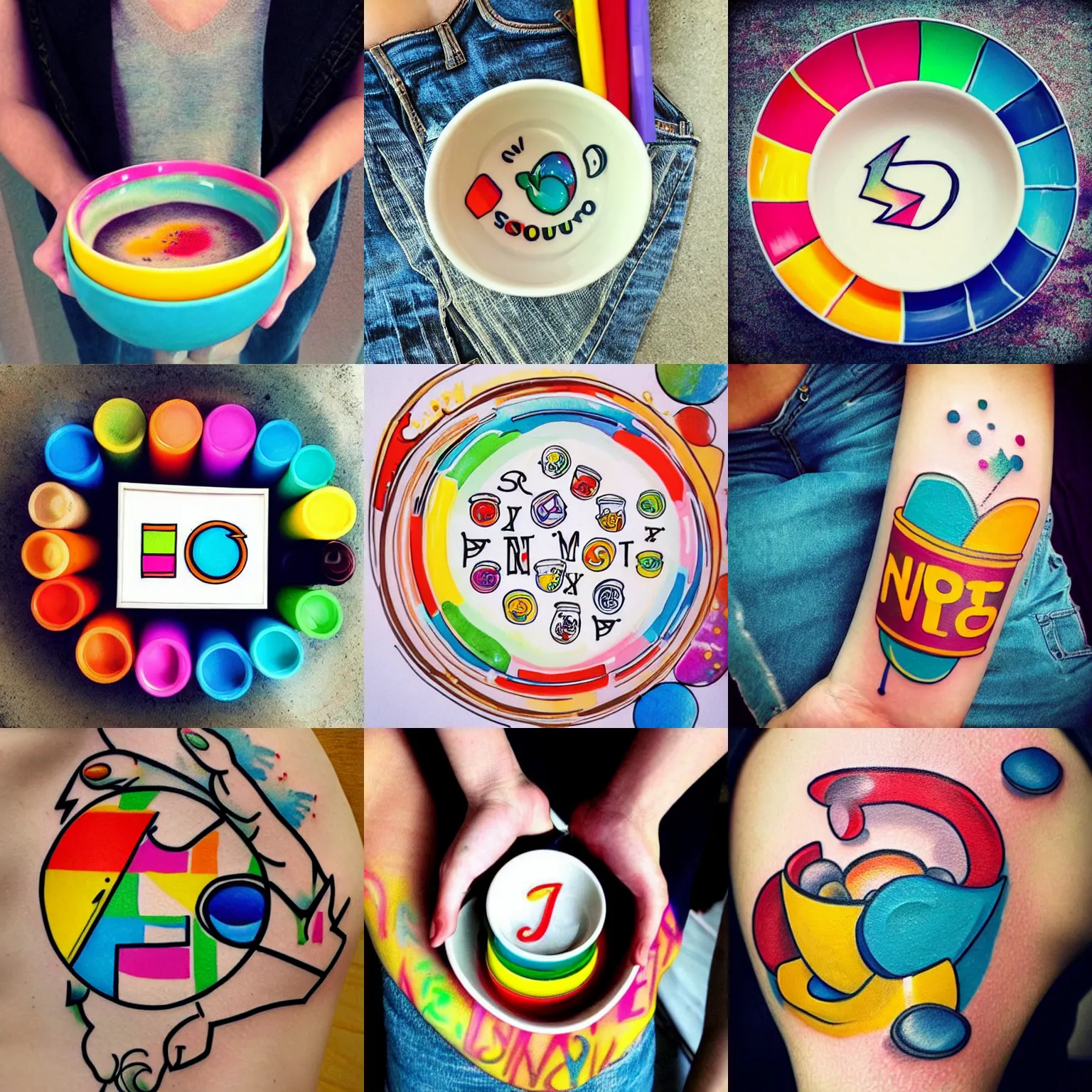 Prompt: cute colorful modern tattoo bowl of alphabet soup spelling SOUP, neotraditional modern minimalist, instagram highlights, flash sheet, colorful