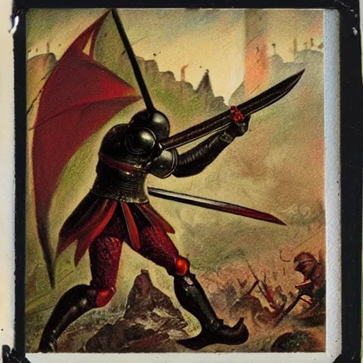 Prompt: polaroid of medieval knight in battle with a dragon