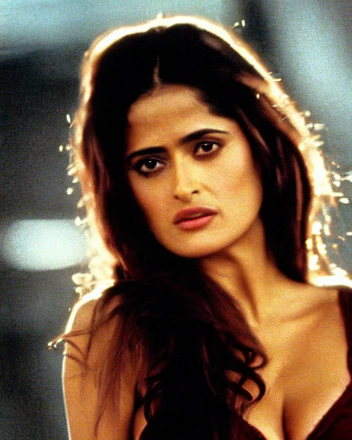 Image similar to film still of closeup portrait of young beautiful salma hayek in from dusk till dawn 1 9 9 6, octane, arney freytag, glamour pose,