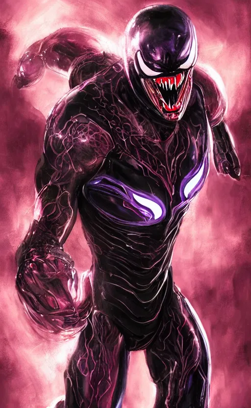 Image similar to venom in a venom inspired ironman suit, purple, black and red, dynamic lighting, photorealistic fantasy concept art, trending on art station, stunning visuals, terrifying, creative, cinematic