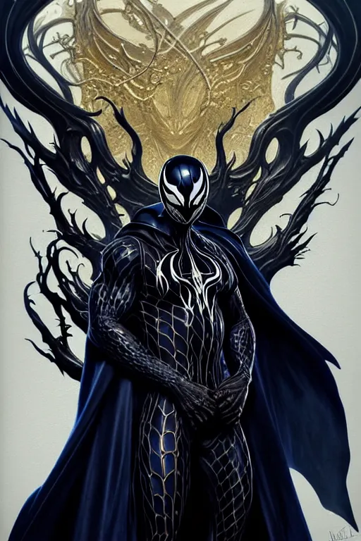 Image similar to venom eddie brock symbiote gothic navy cloak with gold details, castle town, fantasy character portrait, ultra realistic, intricate, elegant, highly detailed, digital painting, artstation, smooth, sharp, focus, illustration, art by artgerm and greg rutkowski and alphonse mucha