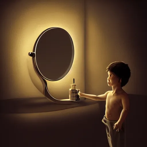 Image similar to the young boy looks at mirror, see himself as wise old man by concept art, character art, masterpiece, finction, wisdom, imagination, weirdness, epic, ultimate, ultra detailed, smooth, sharp focus, cinematic, black background, soft lighting, 8 k hd resolution, high quality image