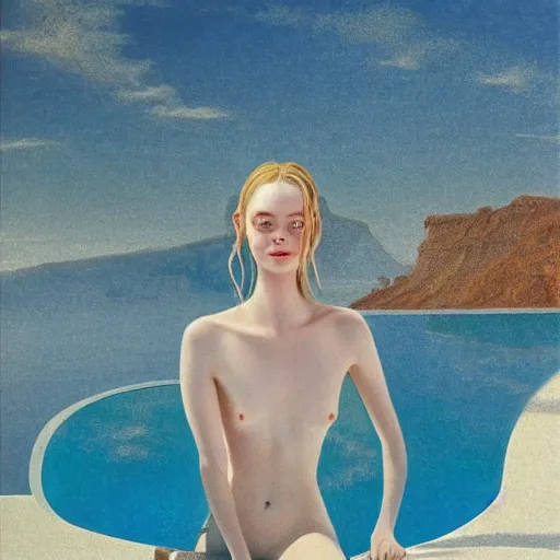 Image similar to Elle Fanning by the pool in Santorini, head and shoulders portrait, extremely detailed masterpiece, Roger Deakin’s cinematography, illustration, by Michael Sowa,