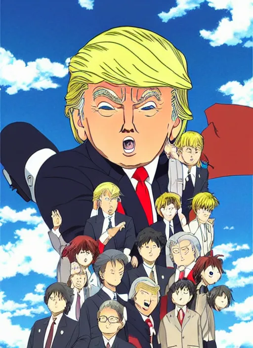 Prompt: donal trump manga, color, best scene, studio ghibli, chibi style, by katsuhiro otomo and hiroya oku and makoto yukimura