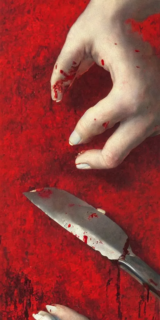 Image similar to by 1 9 th century famous painter, hands, nail polish, blood smear, blood dripping, horror, knife, realism, realistic, oil painting, red wallpaper background