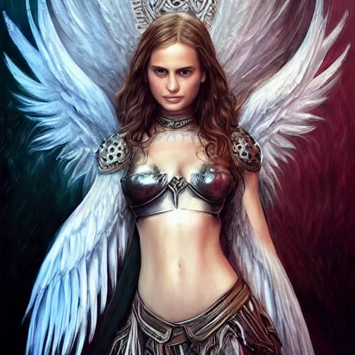 Image similar to portrait of young aasimar angel valkyrie warrior girl maiden wearing comfy leather armor with beautiful feathered angel wings, blue eyes, beautiful face, Natalie Portman, Emily Ratajkowski, innocent, intricate, elegant, highly detailed, ultradetailed, hyperdetailed, artstation, concept art, smooth, sharp focus, illustration, art by artgerm and greg rutkowski and Rossdraws and Bluesssatan and Mandy Jurgens