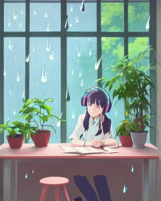 Prompt: a beautiful photo of a girl sitting at her desk next to a window wearing headphones doodling on paper, lots of plants in pots on her desk, pastel colors, rain on the winow, ， by makoto shinkai an krenz cushart