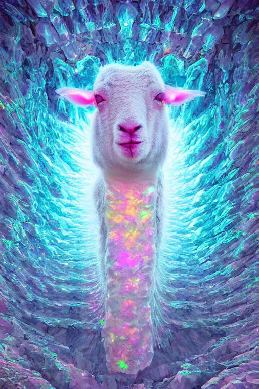 Prompt: a crystalline 3 d mandelbulb fractal in the shape of a lamb, bioluminescent opal, fractal, magnificent lighting, ethereal, ray tracing, octane, holographic, portrait